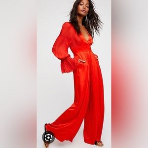 Free People Not Your Baby long sleeve wide leg satin red jumpsuit